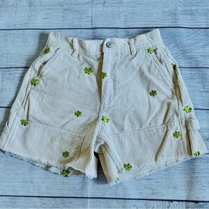Forever 21 Cream and Green Embroidered Flowers Cut-off Cargo Shorts